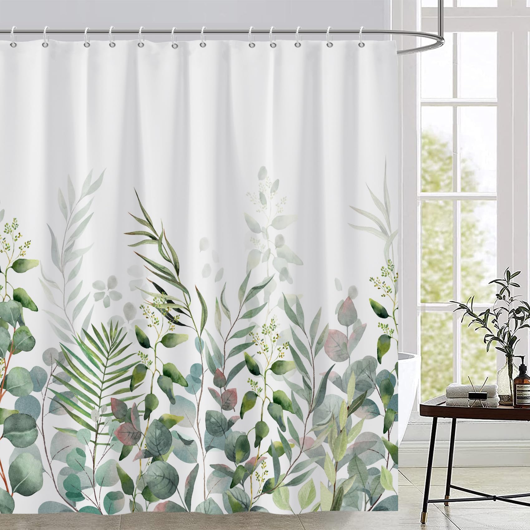 AWERT Shower Curtain Plants for Bathroom,Waterproof Quick-Drying Green Leaves Shower Curtain Set with Hooks 72x78 Inch