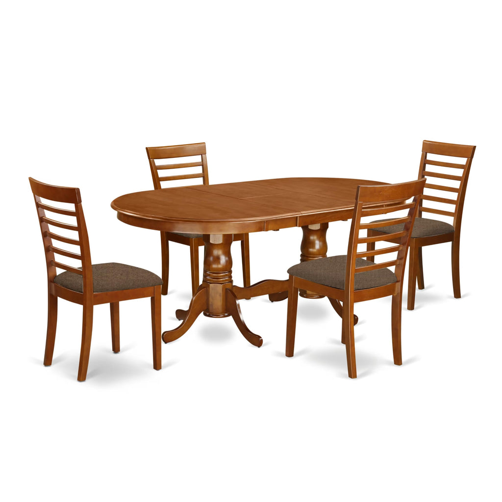 East West Furniture PLML5-SBR-C 5 Piece Dining Set Includes an Oval Dining Room Table with Butterfly Leaf and 4 Linen Fabric Upholstered Kitchen Chairs, 42x78 Inch, Saddle Brown