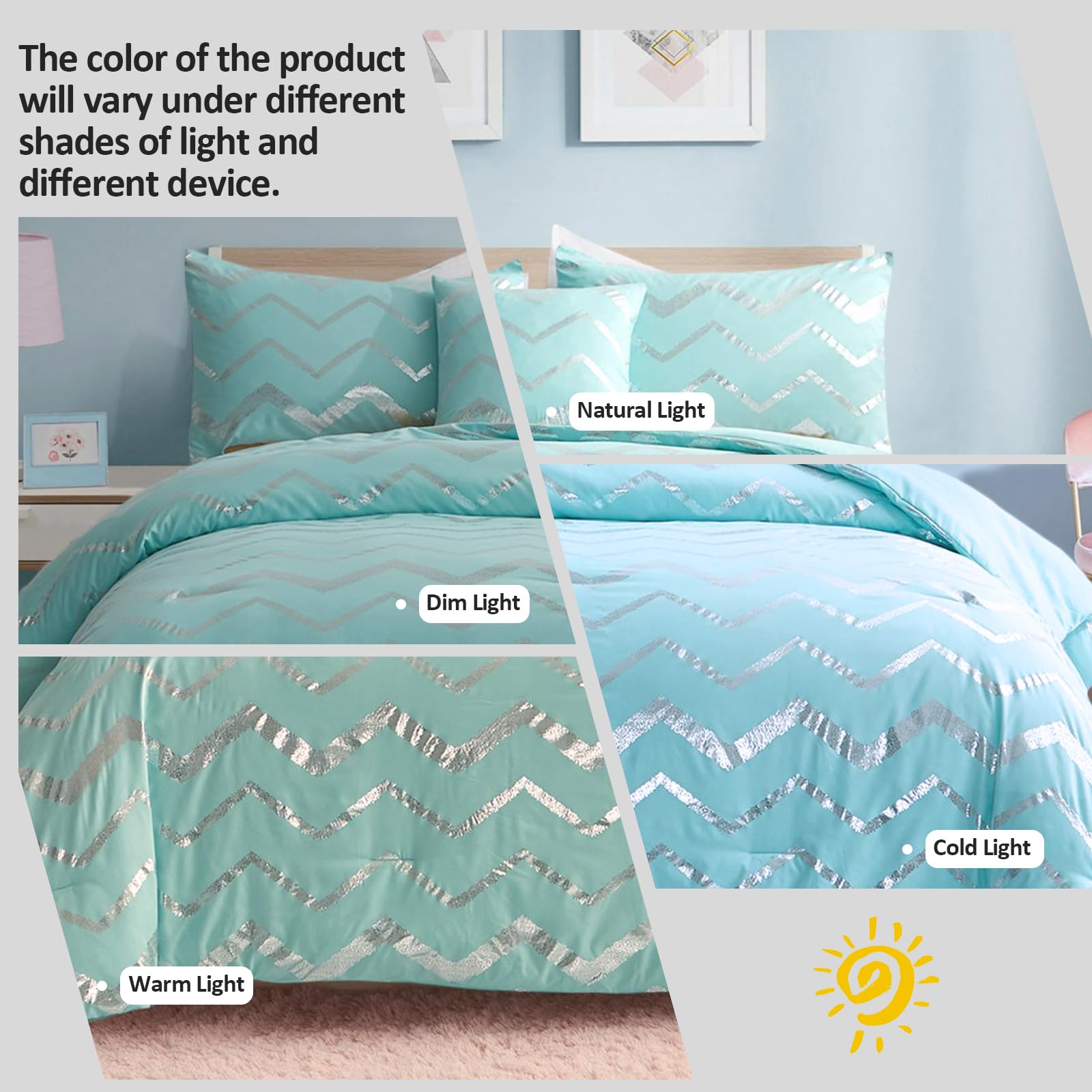 Menghomeus Aqua Comforter Set Queen Size Metallic Teal And Silver Bedding Set, 4 Piece Lightweight Microfiber Bed Set For Teen G