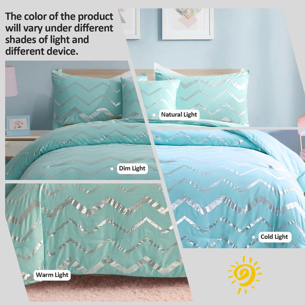 Menghomeus Aqua Comforter Set Twin Size Metallic Teal And Silver Bedding Set, 3 Piece Lightweight Microfiber Comforter For Teen