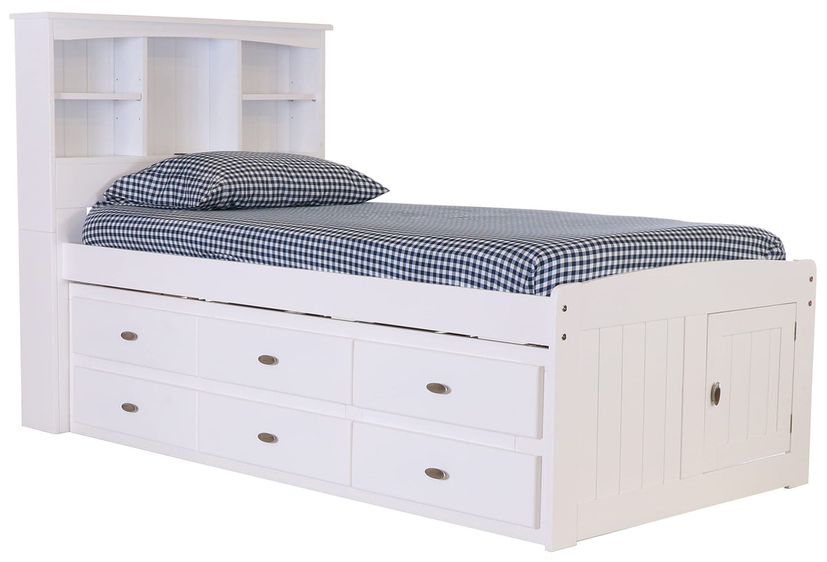 OS Home and Office Furniture Model 80220K12-22 Solid Pine Twin Captains Bookcase Bed with 12 Spacious underbed Drawers in Casual White