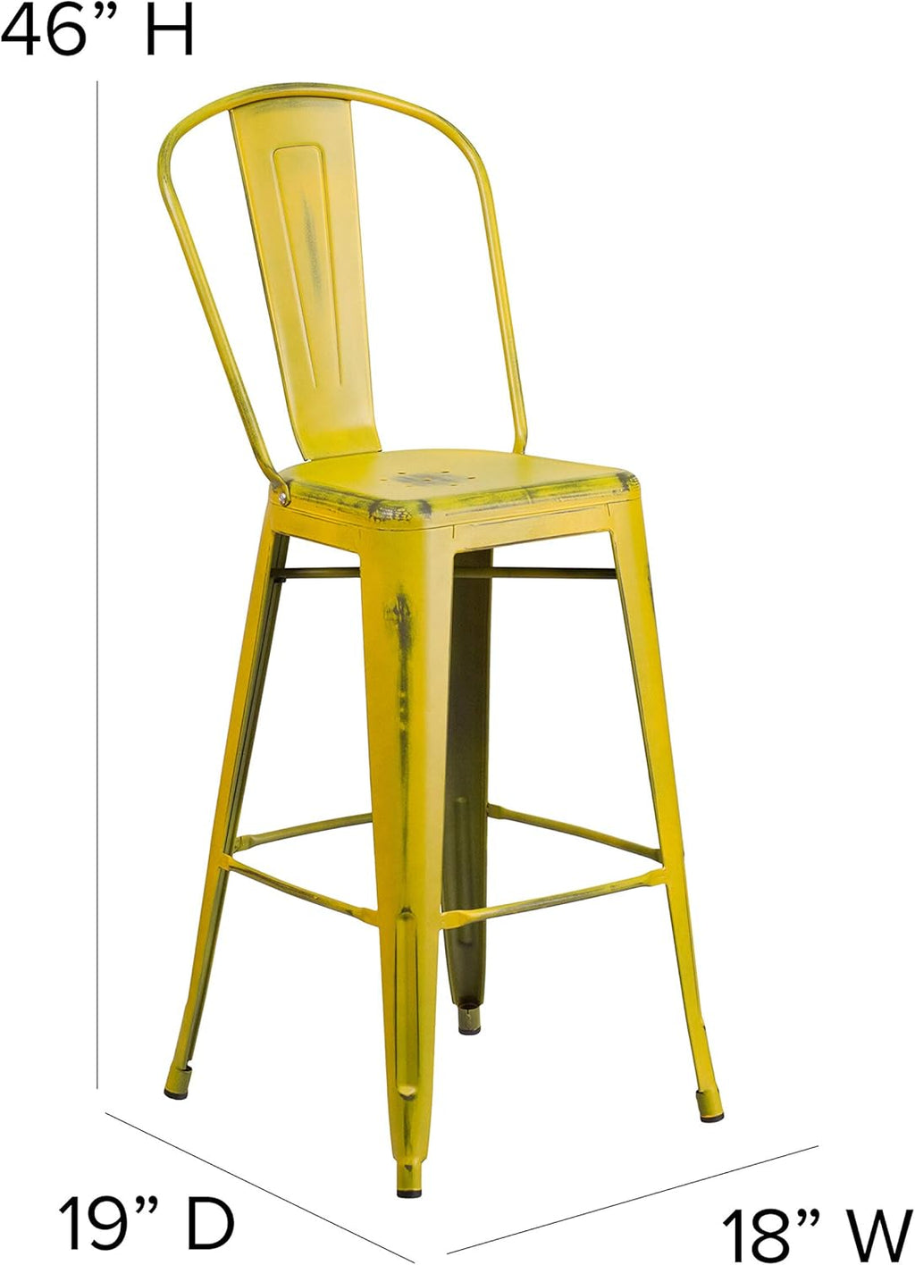 Commercial Grade 30 High Distressed Yellow Metal Indoor-Outdoor Barstool with Back