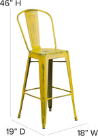 Commercial Grade 30 High Distressed Yellow Metal Indoor-Outdoor Barstool with Back