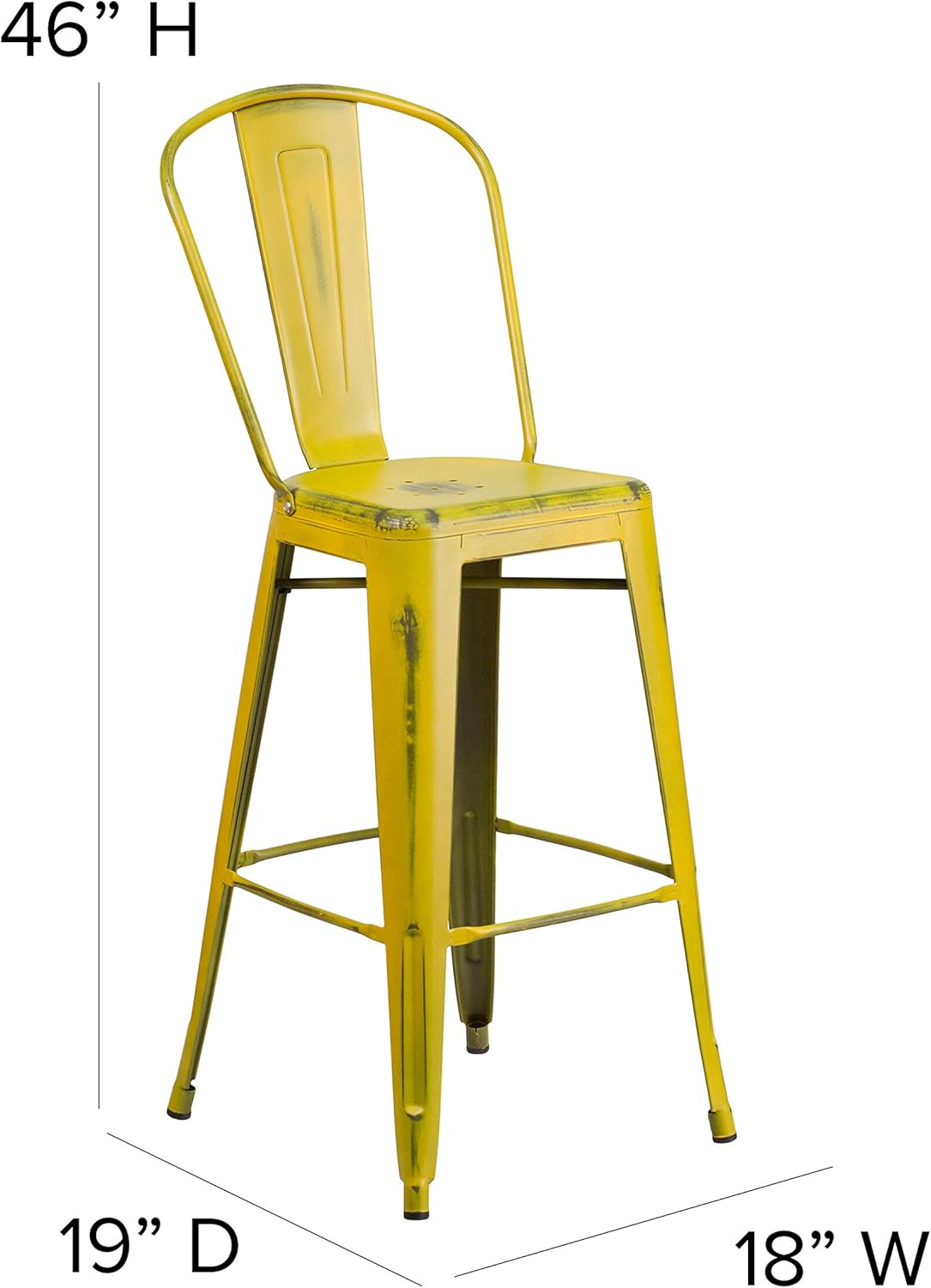 Commercial Grade 30 High Distressed Yellow Metal Indoor-Outdoor Barstool with Back