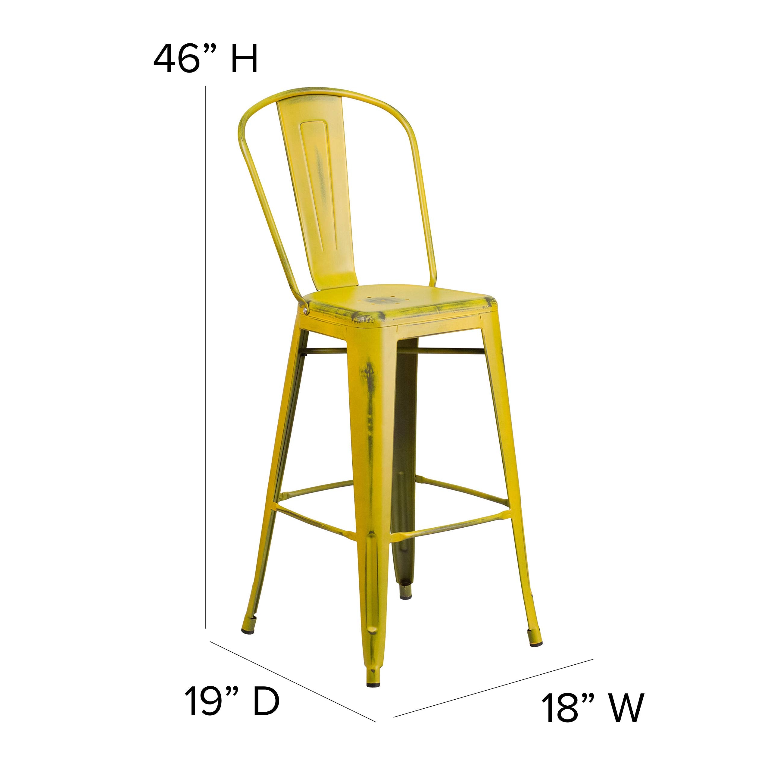 Flash Furniture Commercial Grade 30' High Distressed Yellow Metal Indoor-Outdoor Barstool With Back