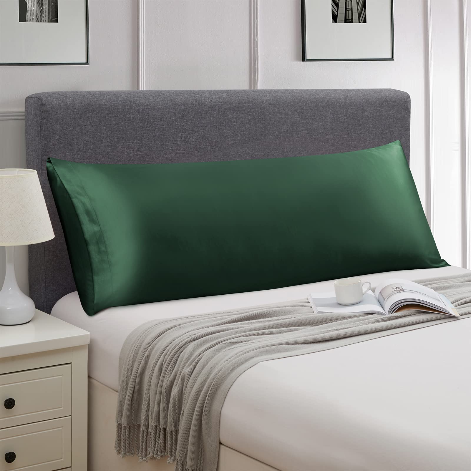 Ersmak Satin Body Pillow Set Of 2, 20X54 Inches, Dark Green, Ultra Soft, Stain Resistant, Polyester Satin Fabric, 2 Pack