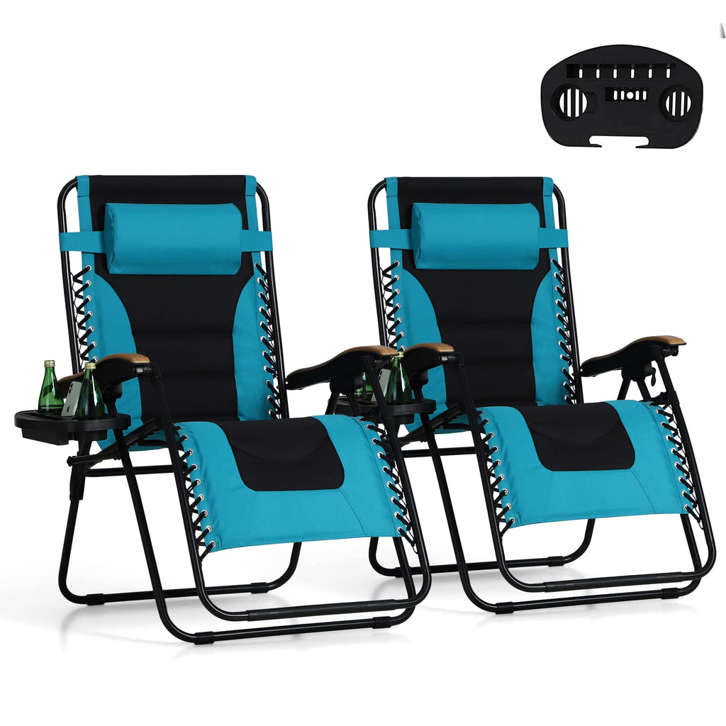 Phi Villa Xxl Oversized Padded Zero Gravity Chair, Foldable Patio Recliner, 30' Wide Seat Anti Gravity Lounger With Cup Holder, Set Of 2, Support 400 Lbs (Aqua)