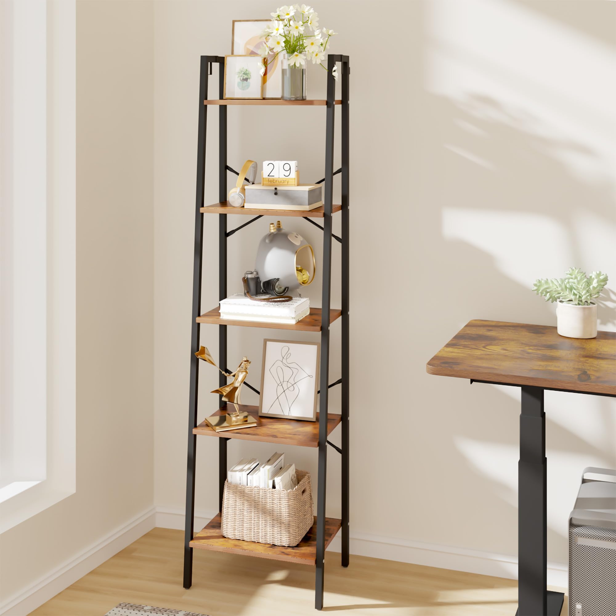 Hzuaneri Ladder Shelf, Bookshelf Bookcase, Freestanding Corner Storage Shelve With 2 Hooks For Home Office, Living Room, Kitchen, Bedroom, Industrial, 5-Tier Rustic Brown Bc19201B