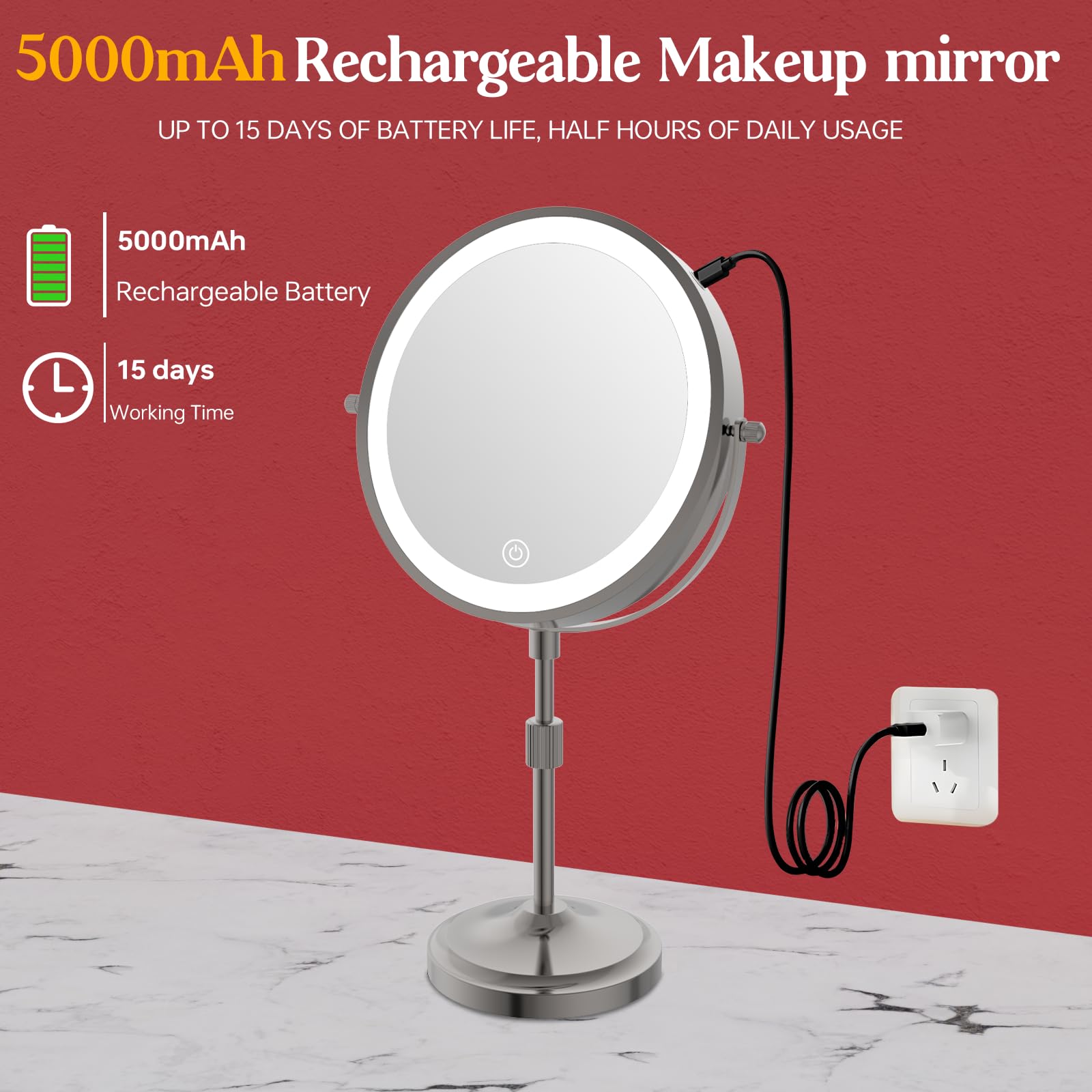 Mumianshu 9' Makeup Mirror With Lights And Magnification 10X/1X, 360 Swivel Double Sided 5000 Mah Rechargeable Vanity Desktop M