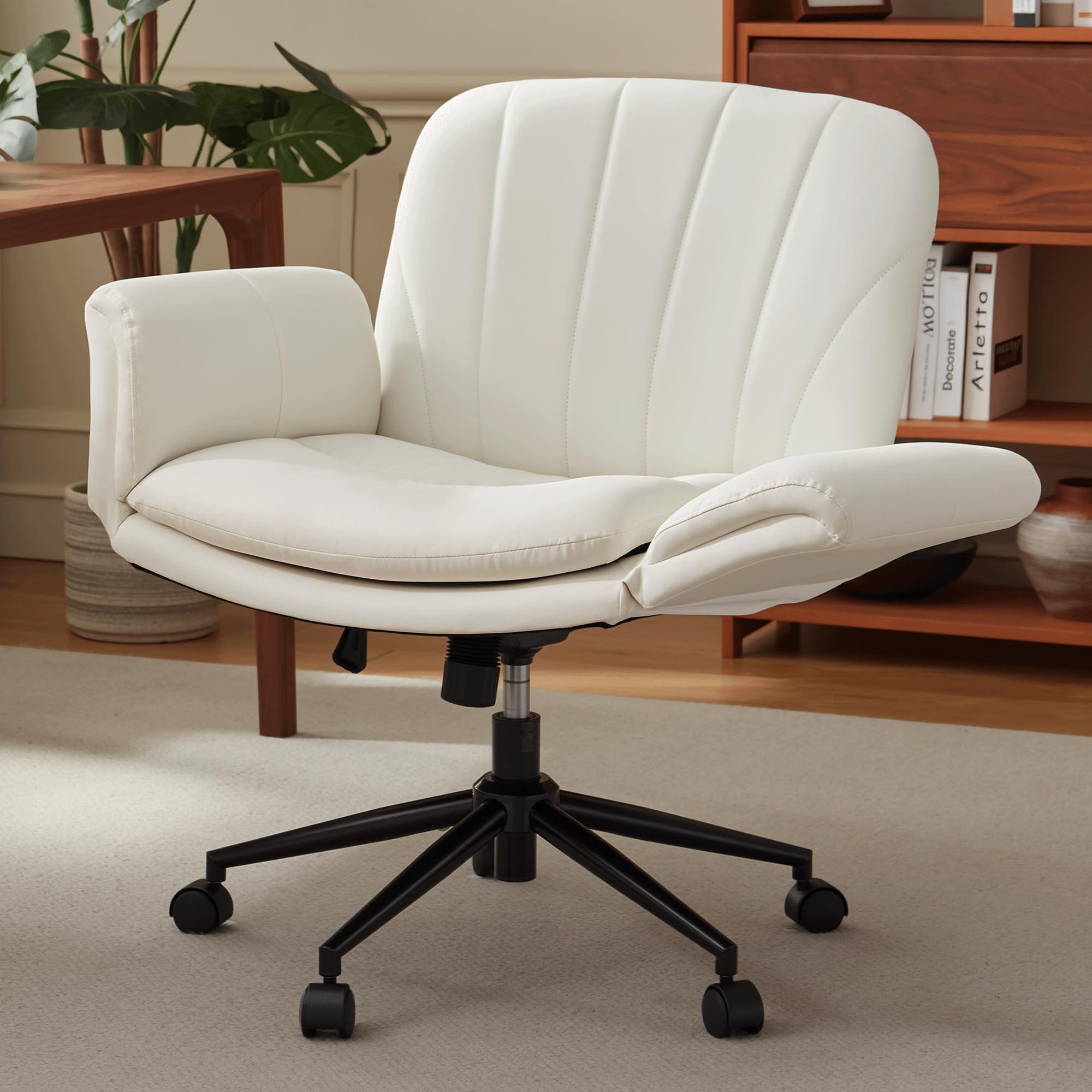 Dowinx Criss Cross Chair with Five-Level Adjustable Arms and Wheels - Comfortable Ergonomic PU Leather Swivel Vanity Chair - Com