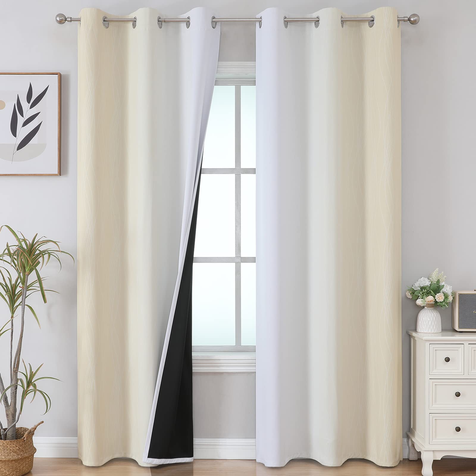 Estelar Textiler Beige And Greyish White Blackout Curtains For Living Room, Thermal Insulated Ombre Grommet Curtains & Drapes Fo