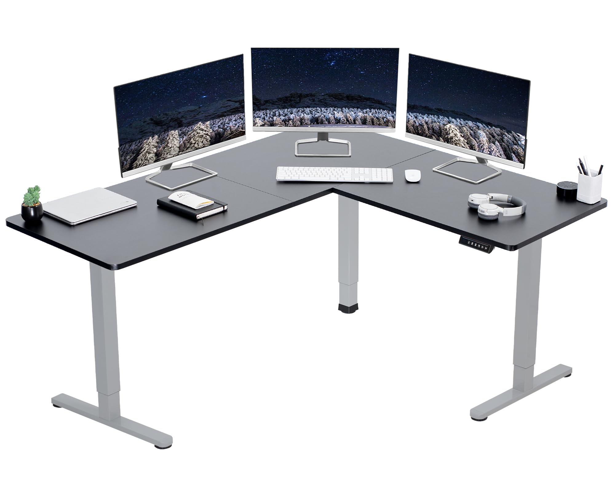 VIVO Electric Corner 63 x 55 inch L-Shaped Standing Desk, Memory Height Adjustment, Black Top Gray Frame, DESK-E3CTGB