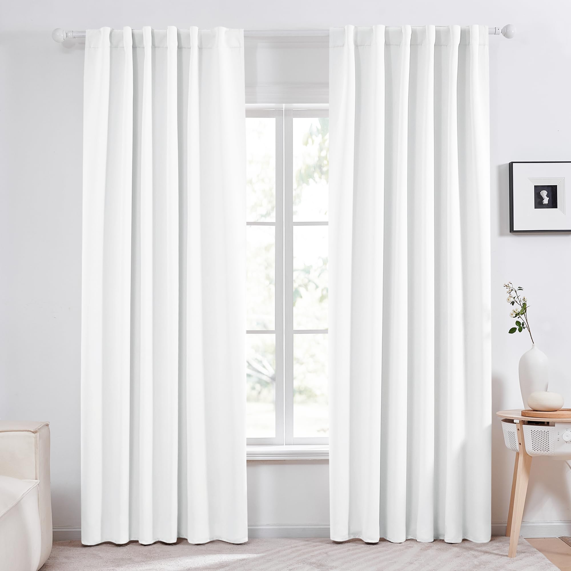 Deconovo Pure White Curtains For Living Room 108 Inches Long - Back Tab And Rod Pocket Curtain Drapes For Hall Room, 52X108 Inch