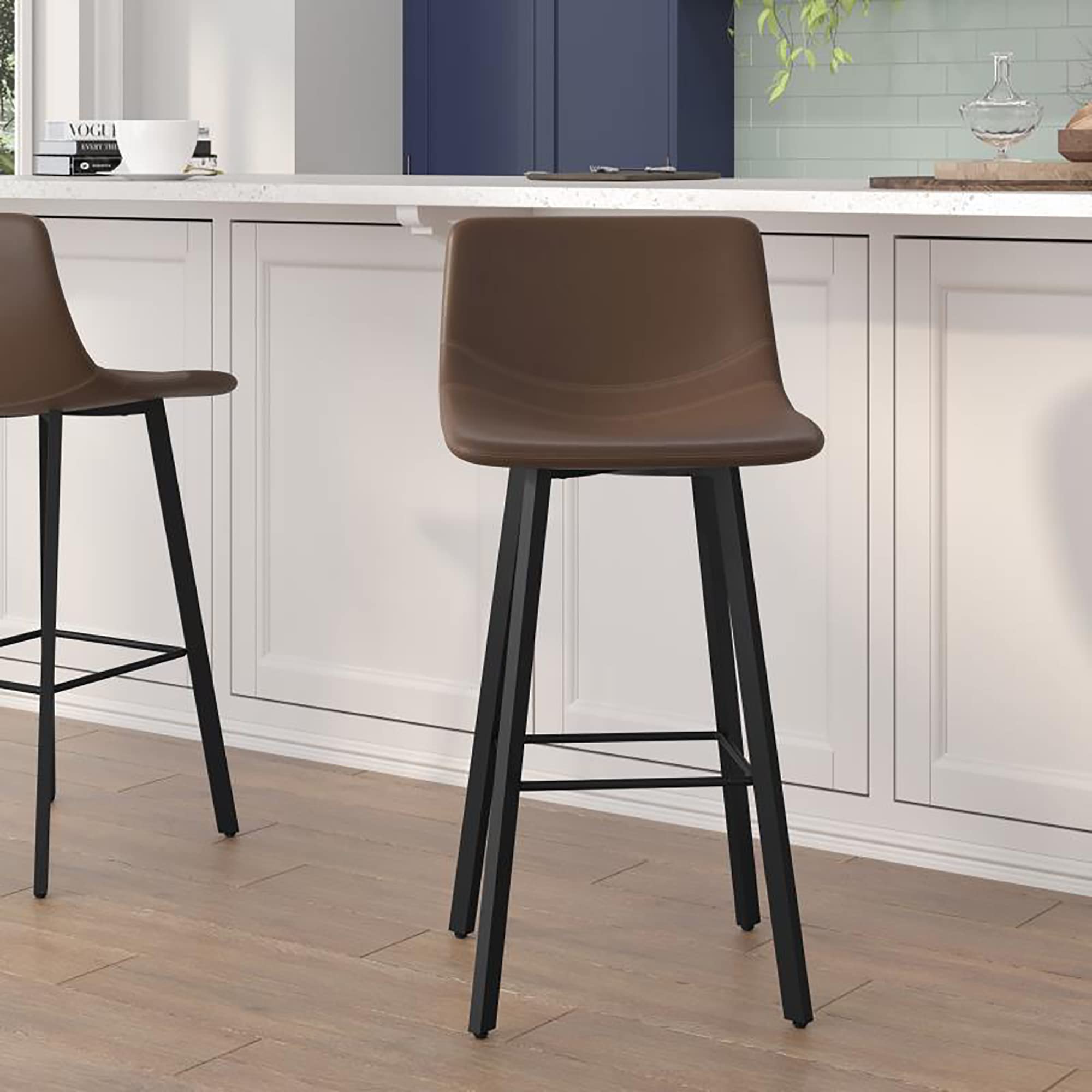 Flash Furniture Caleb Modern Commercial Barstools With Footrests - Chocolate Brown Leathersoft -30 Inch - Black Matte Iron Frame - Armless - Set Of 2