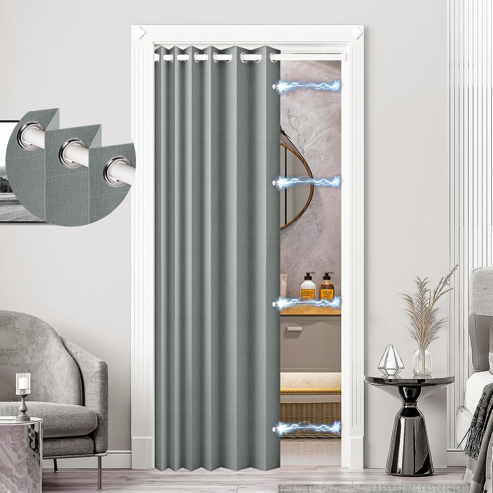 HMYI 100% Blackout Privacy Door Curtain for Doorway, Magnetic Door Curtain for Closet & Hallway, 1 Panel, W45 x L80, Gray