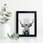Toilet Paper On Head,Black Framed Funny Animal Prints, Vintage Black And White Rustic Style Cute Bathroom Cow Canvas Art Poster
