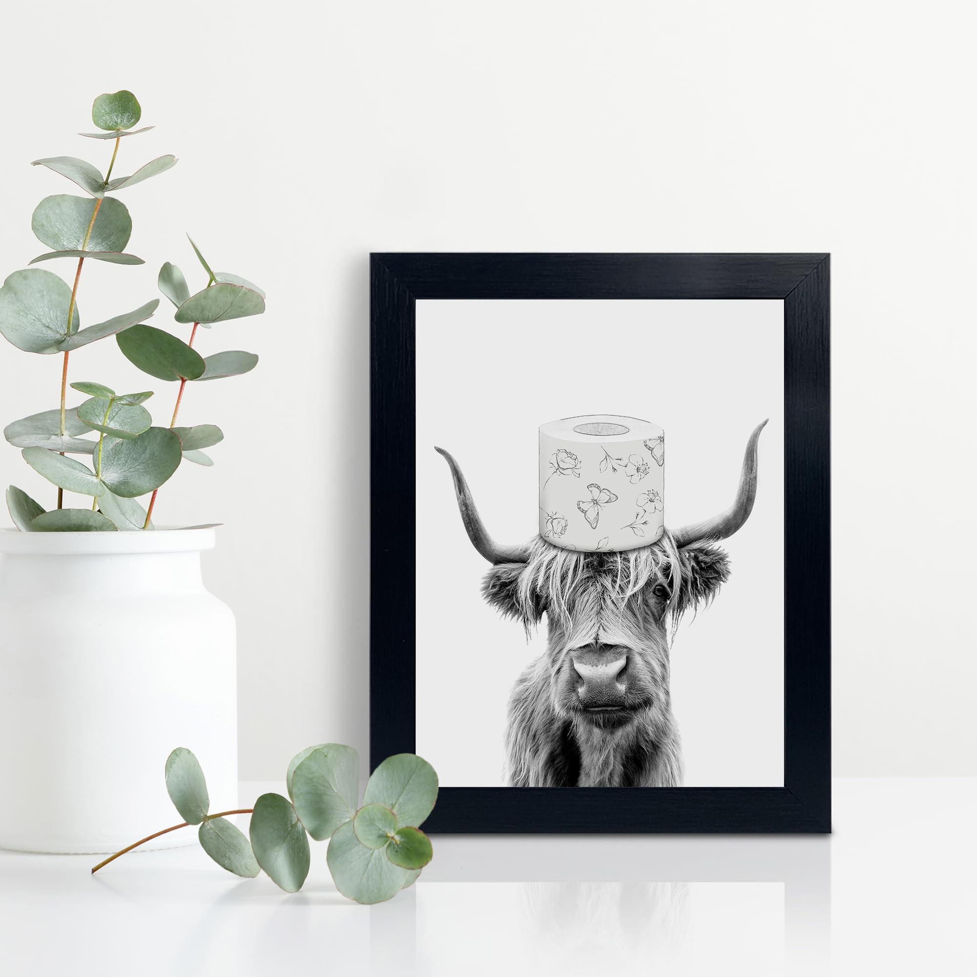 Toilet Paper On Head,Black Framed Funny Animal Prints, Vintage Black And White Rustic Style Cute Bathroom Cow Canvas Art Poster