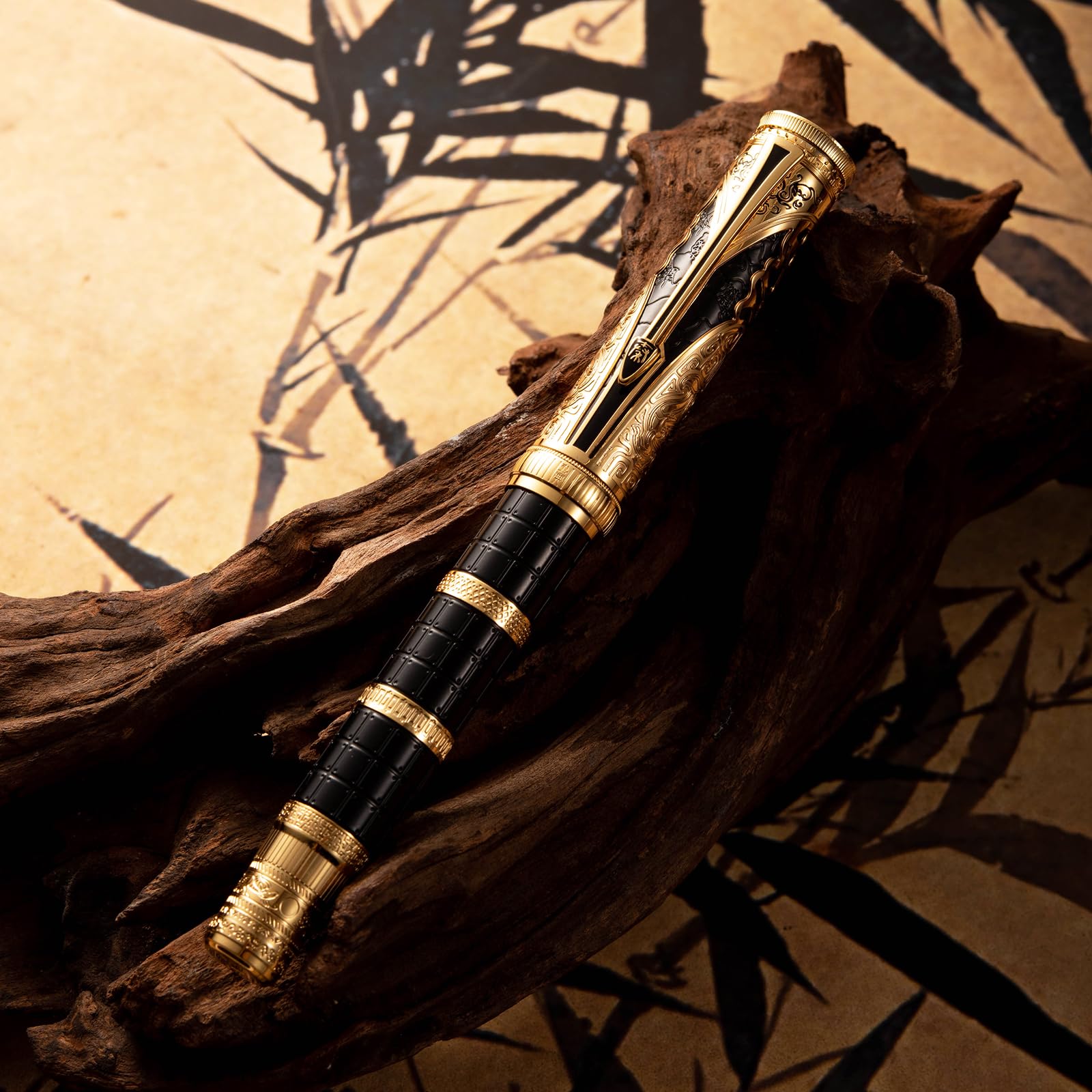 Hong Dian Hongdian D5 Qin Dynasty Fountain Pen Black Gold, Fine Nib Piston Filling Pen, Retro Chinese Totem Engraving Smooth Wri