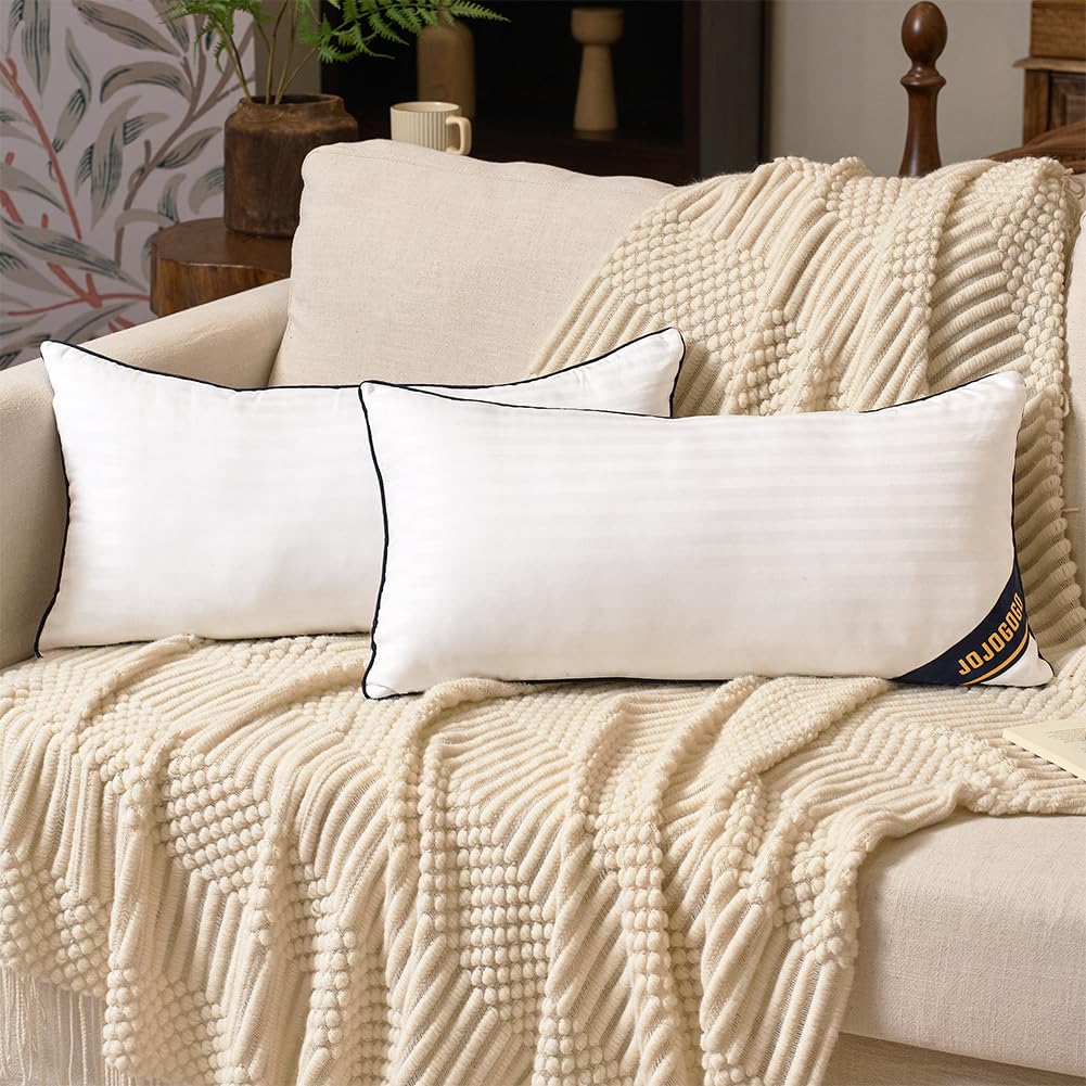JOJOGOGO 12x20 Indoor Lumbar Pillow Inserts Set of 2, 12 x 20 White Fluffy Decorative Toss Pillows for Couch Patio Sofa and Indo