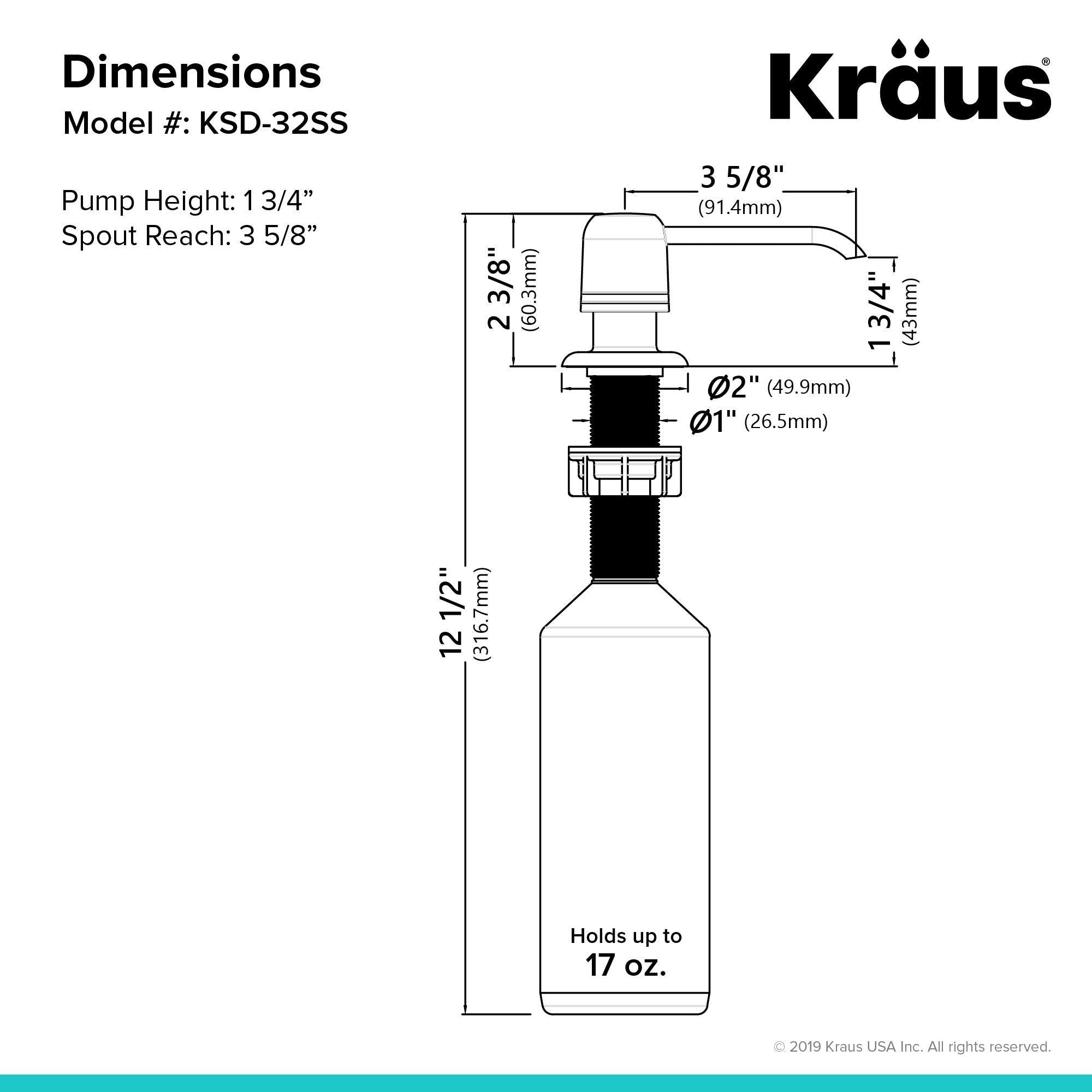 Kraus Kitchen Soap Or Lotion Dispenser With 17 Oz. Large Capacity Bottle And Brass Pump In Stainless Steel