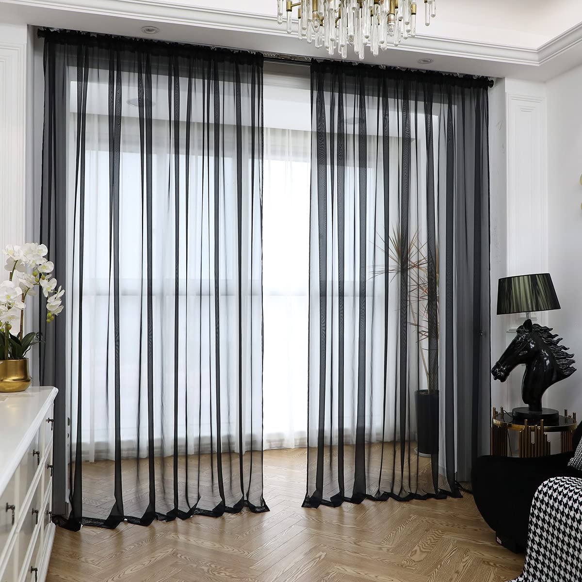 Window Black Sheer Curtains 48 Inches Width 45 Inches Long 2 Panels Sheer Curtains Clear Curtains Basic Rod Pocket Panel for Hom