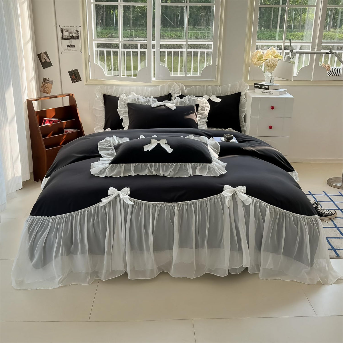 Soukechy Girls Lace Bedding,Queen Comforter Cover Set, Chic Ruffled Duvet Cover With Lovely Bow,Princess Style 1 Duvet Cover Wit