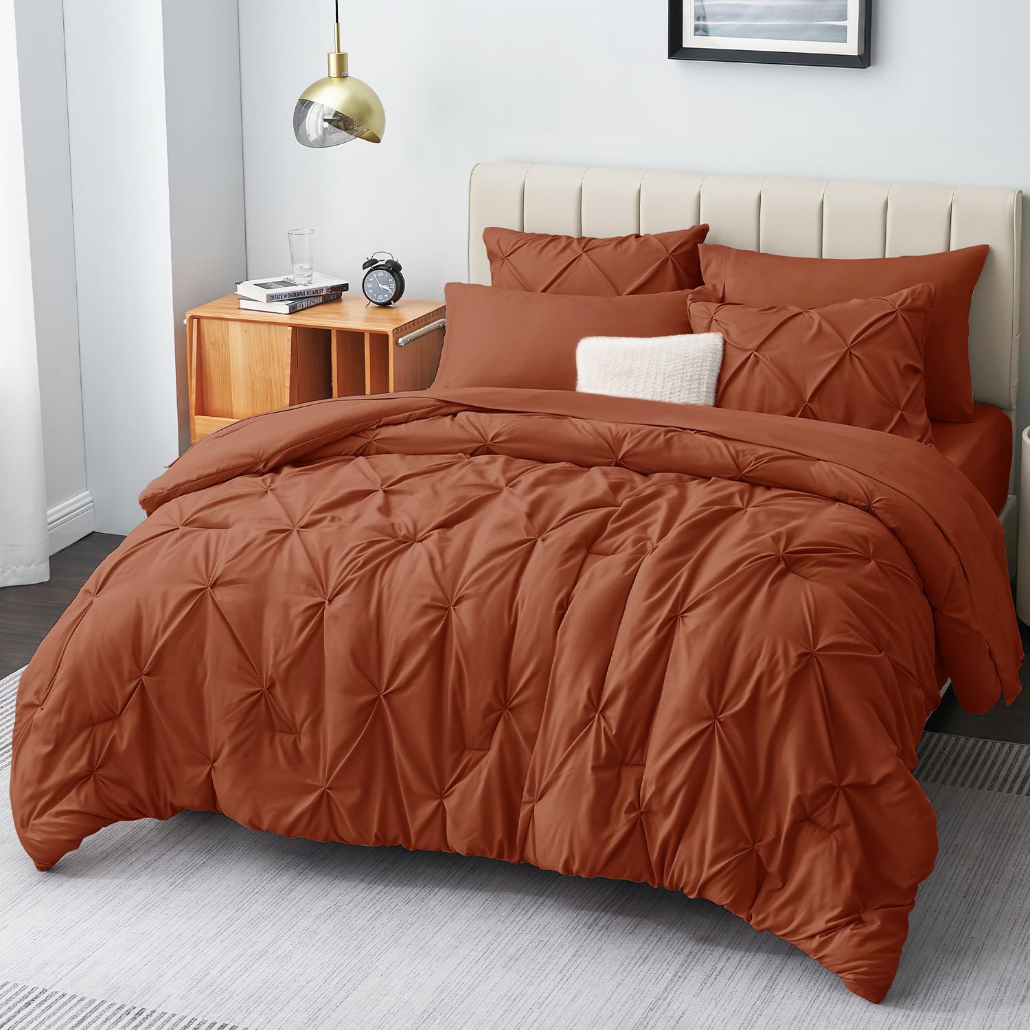Cozylux King Comforter Set - 7 Pieces Comforters King Size Burnt Orange, Pintuck Bed In A Bag Terracotta Pinch Pleat Bedding Set
