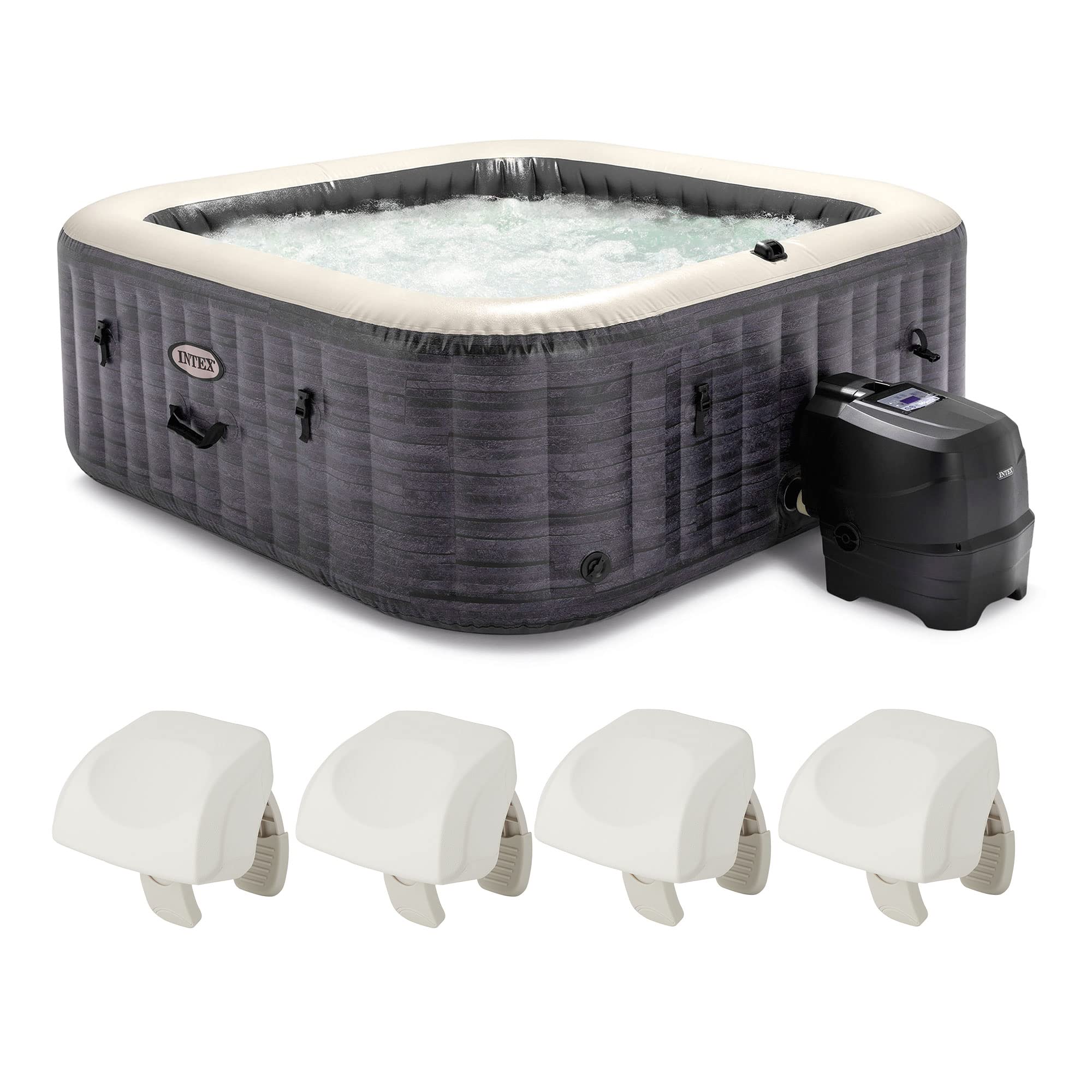 Intex Purespa Plus Greystone 6 Person Inflatable 94' Square Outdoor Hot Tub Relaxing 170 Airjet Spa Bundled With 4 Purespa Cush