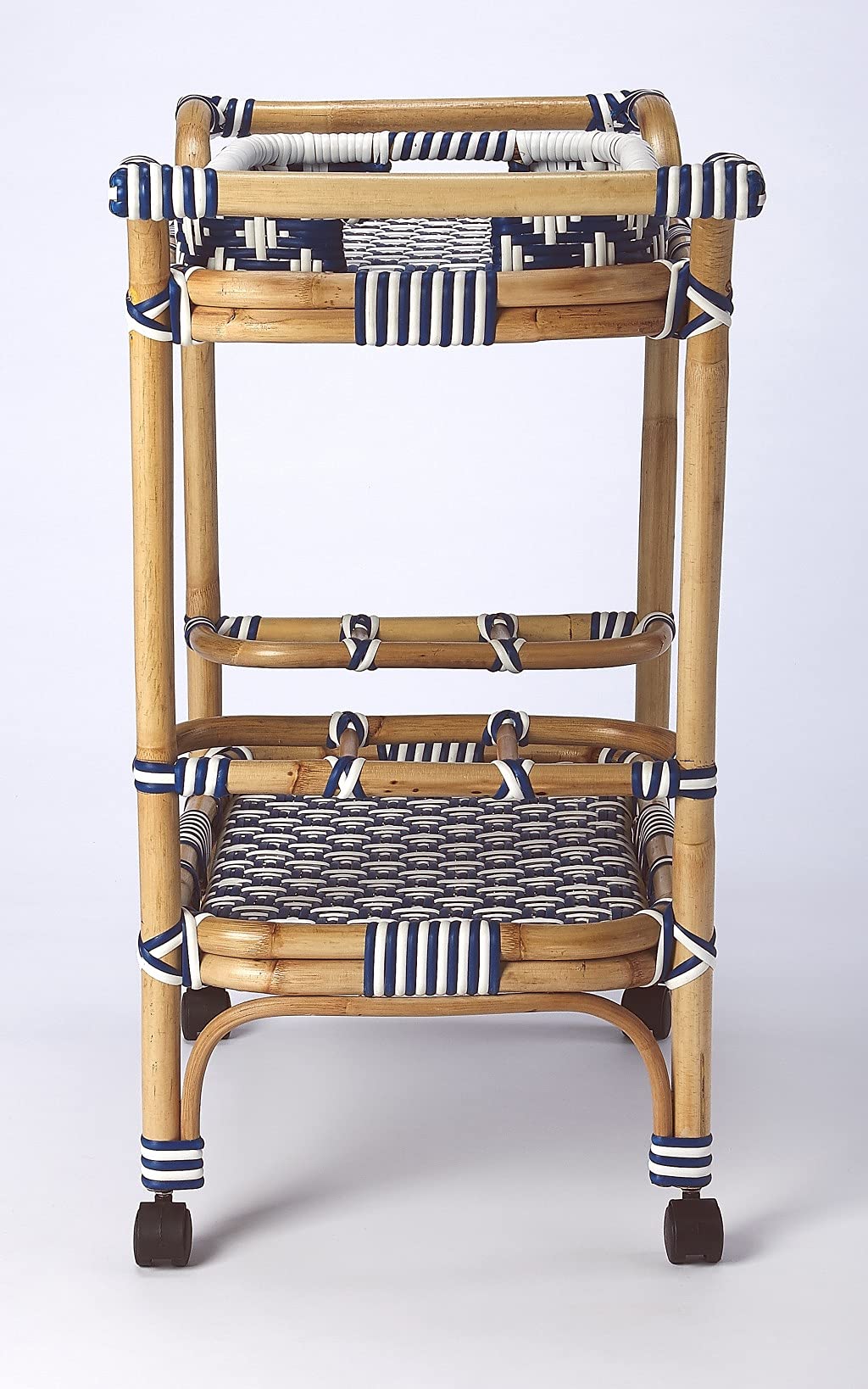 HomeRoots Rattan, PE Plastic Weave, Casters Blue and White Rattan Bar Cart