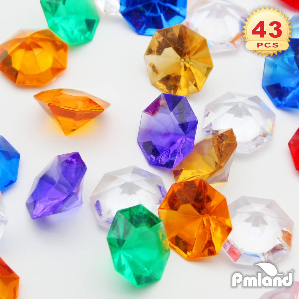 Pmland Large Acrylic Diamond Gems And Jewels Crystals Treasure Gemstones, 40 + Pieces Assorted Colors