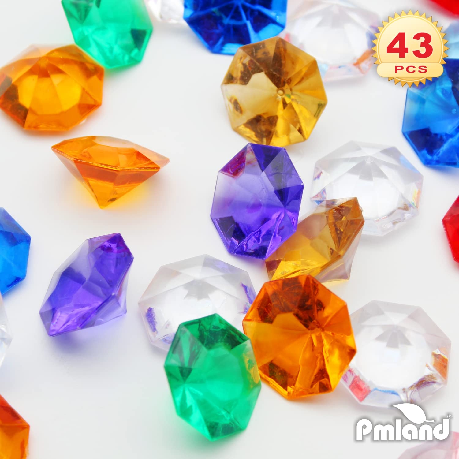 Pmland Large Acrylic Diamond Gems And Jewels Crystals Treasure Gemstones, 40 + Pieces Assorted Colors