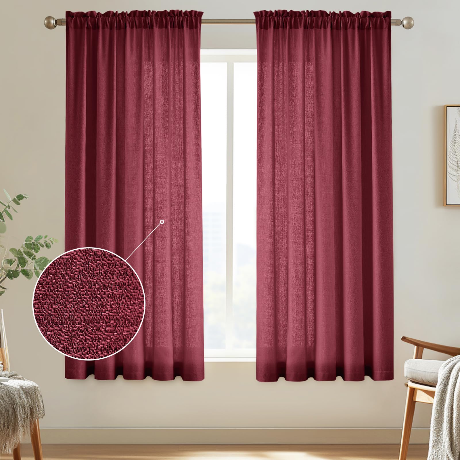 Melodieux Burgundy Semi Sheer Curtains 72 Inches Long for Bedroom, Living Room Linen Look Privacy Window Rod Pocket Sheer Drapes