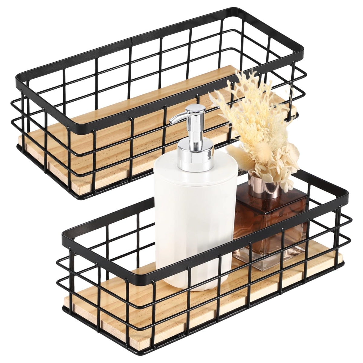 2 Pcs Wire Storage Baskets with Wooden Bottom, Rustic Home Storage Organizer, Farmhouse Small Metal Wire Basket Bin, Black Wire 