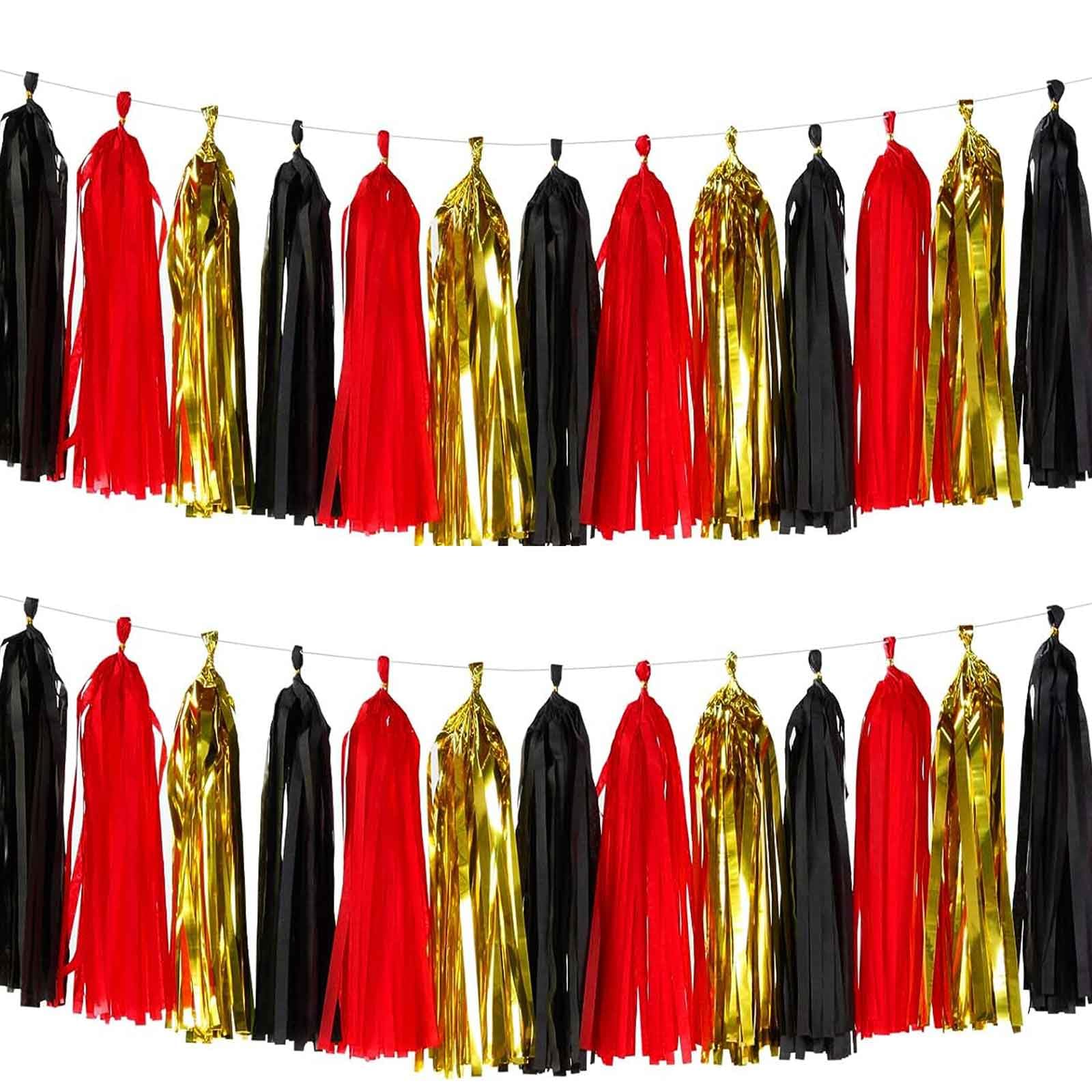 We Moment Black Red Gold Tissue Paper Tassels Party Tassel Garland Banner for Party Decorations, DIY Kits,15PCS