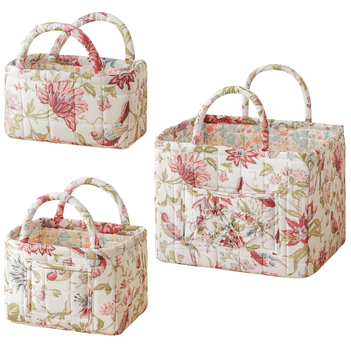 vctops 3 Packs Boho Quilted Storage Basket for Organizing, Floral Basket Organizer Gift Baskets with Handles, Storage Bins for T