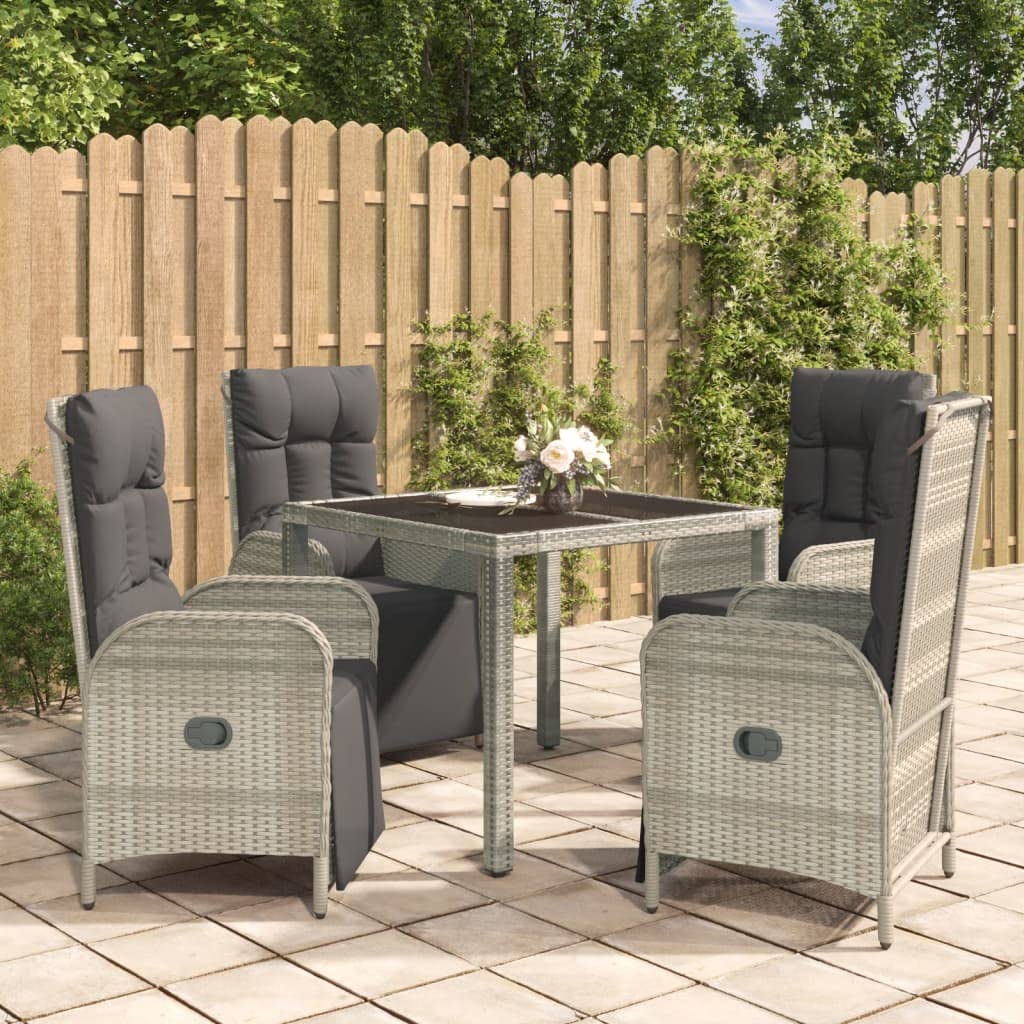 vidaXL Patio Dining Set 5 Piece, Wicker Dining Table and Chair with Cushions, Adjustable Reclining Chair for Lawn Backyard Garden, Gray Poly Rattan