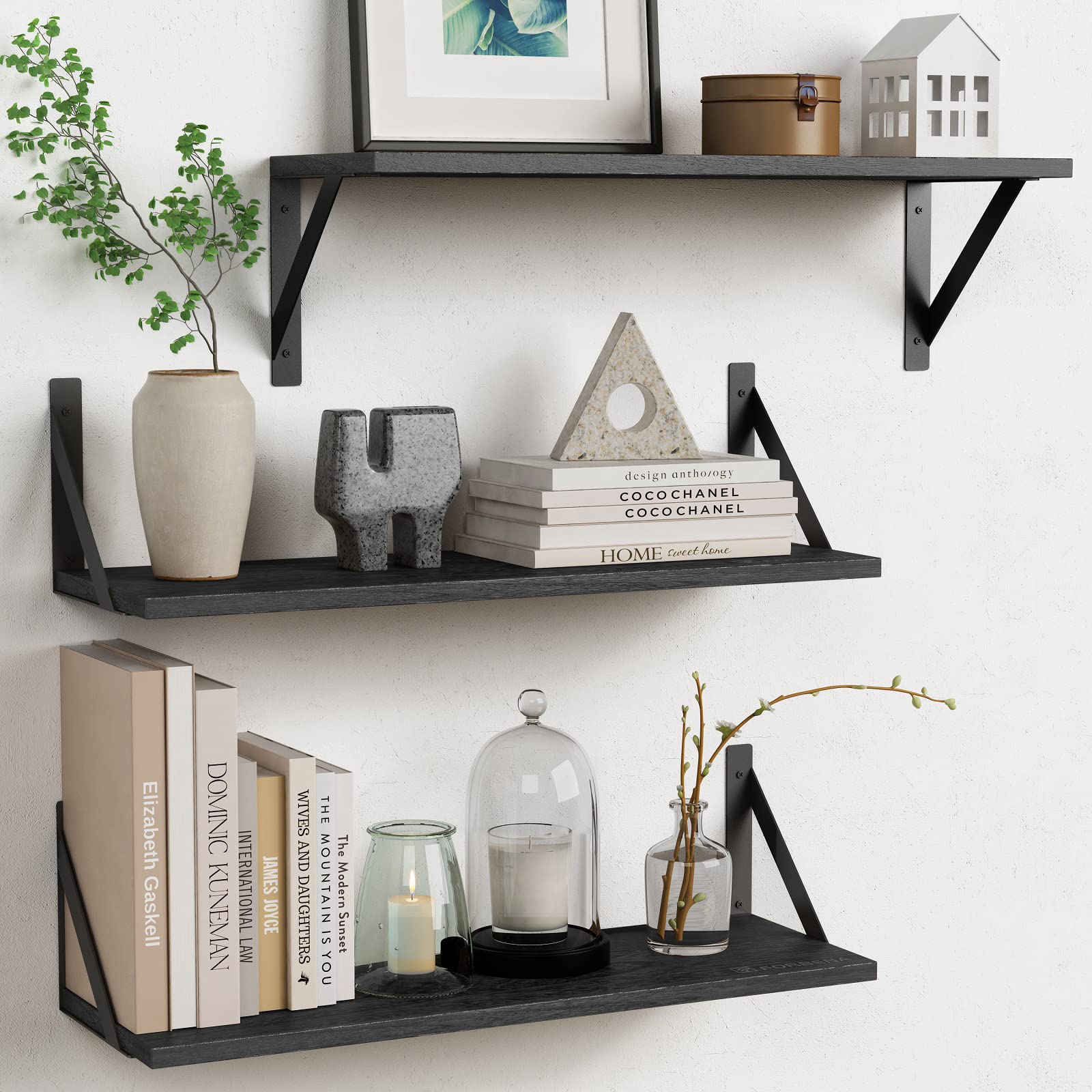 Black Floating Shelves 24 inches Long Set of 3, 24 x 8 Inch Deep Bathroom Wall Shelves Over Toilet for Towels, Connect 2 or 3 Wo