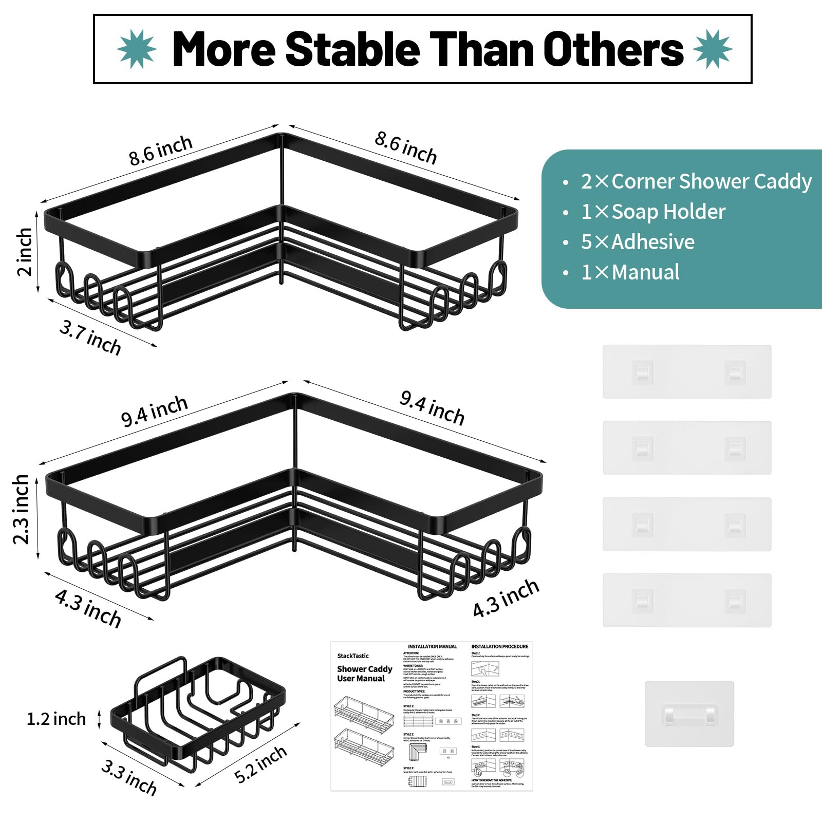 Storageright Corner Shower Caddy, 3 Pack Adhesive Bathroom Accessories With Soap Holder, Storage Stainless Shower Organizer Shel