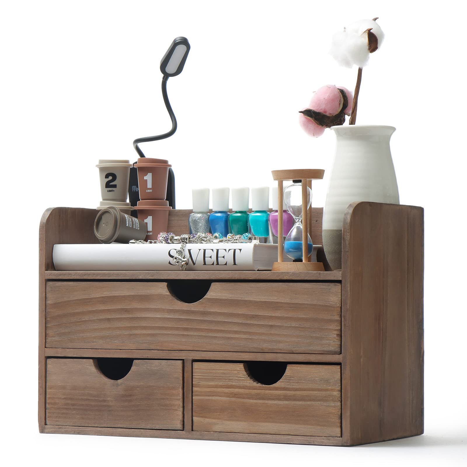 Vintage Rustic Wooden Office Desk Organizer & Mail Rack For Desktop, Tabletop, Or Counter - Distressed Torched Wood - For Office