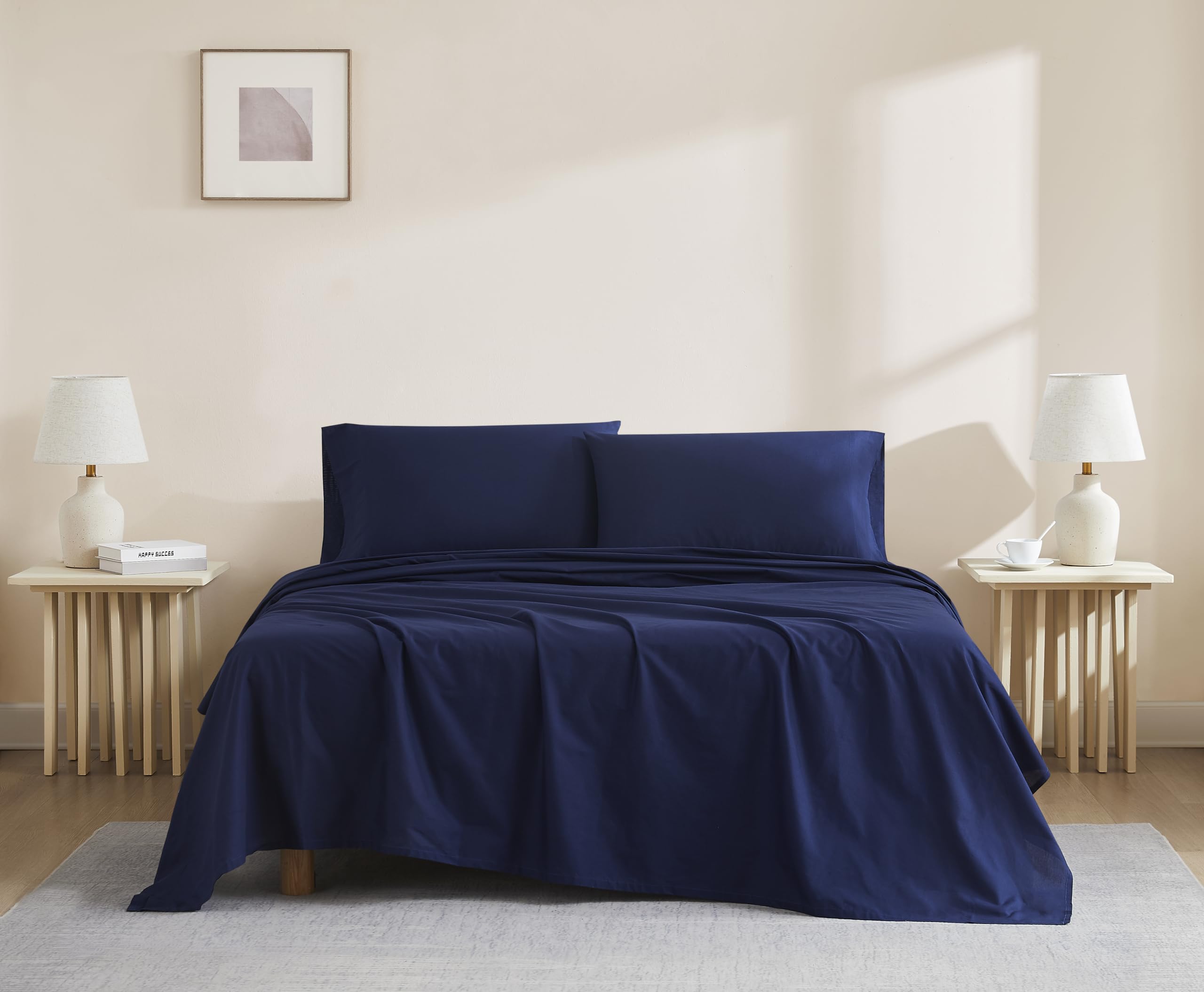 Linen Closet Luxury Cotton 144 Thread Count Organic Cotton 3-Piece Sheet Set,Twin, Navy
