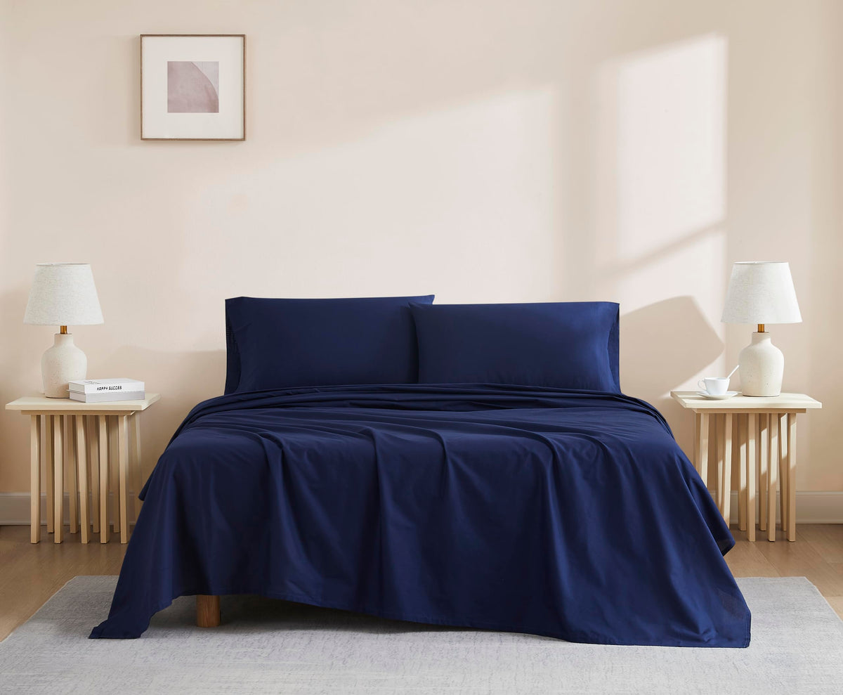 Linen Closet Luxury Cotton 144 Thread Count Organic Cotton 3-Piece Sheet Set,Twin Xl, Navy