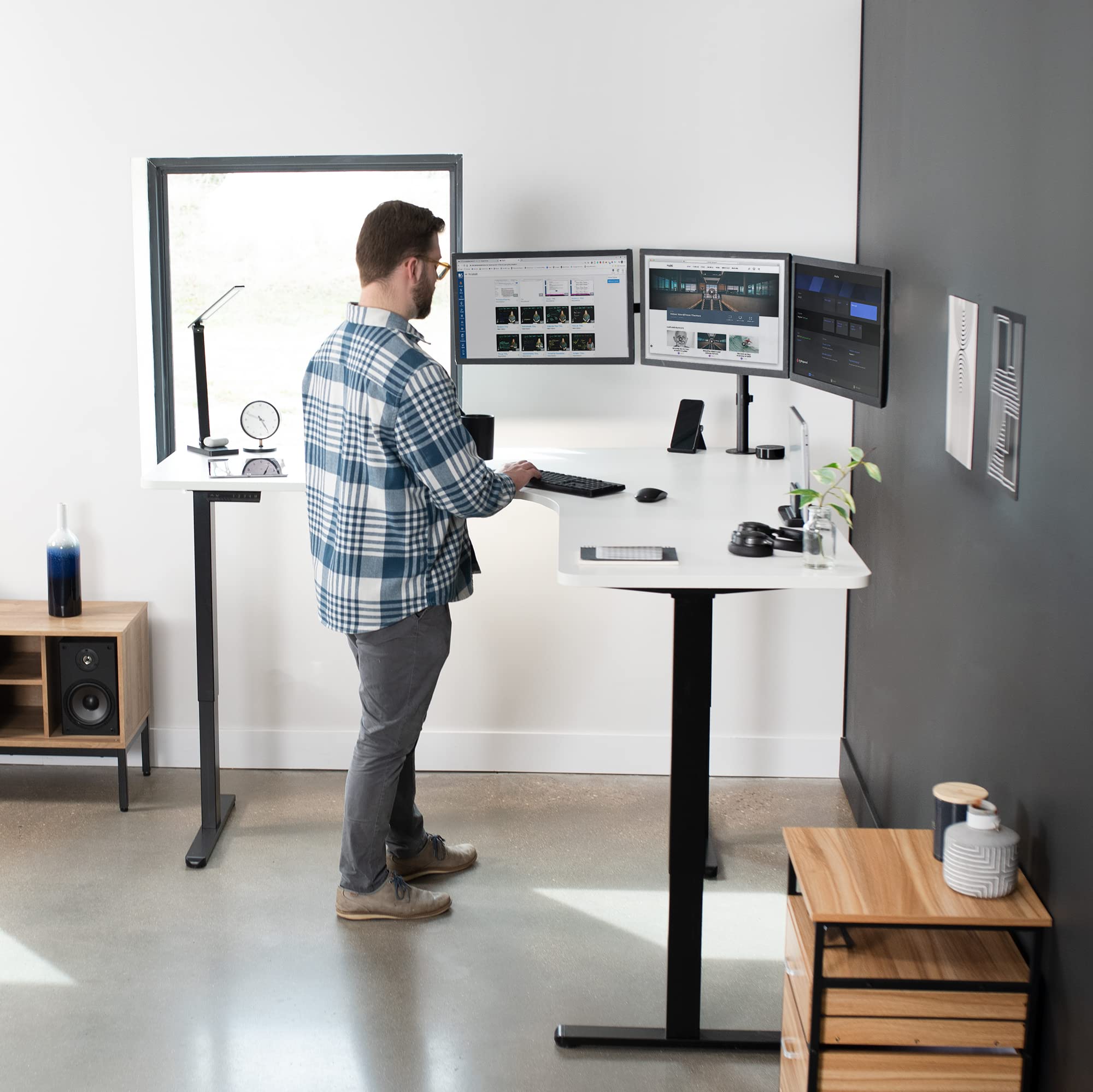 Vivo Electric Height Adjustable 71 X 71 Inch Curved Corner Stand Up Desk, White Table Top, Black Frame, Memory Controller, L-Shaped Workstation, E3C Series, Desk-Kit-E3Cbw