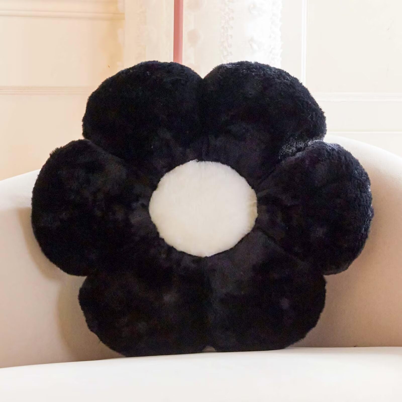 Kcvvcr Black Flower Pillow, Cute Decorative Flower Shaped Throw Pillow With Faux Rabbit Fur, 19.6'' Soft Flower Plush Throw Pill