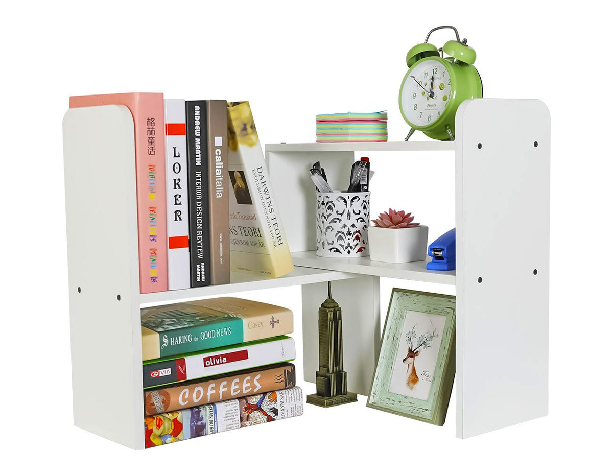 Pag Adjustable Desktop Shelf Wood Small Bookshelf Desk Supplies Organizers And Accessories Storage Display Rack Office Decor, Wh