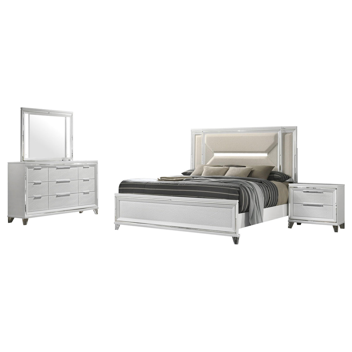 Coaster Home Furnishings Marmore Contemporary 4-Piece Bedroom Set Boucle Upholstered Queen Size LED Panel Bed Frame 64-inch Headboard White 224961Q-S4