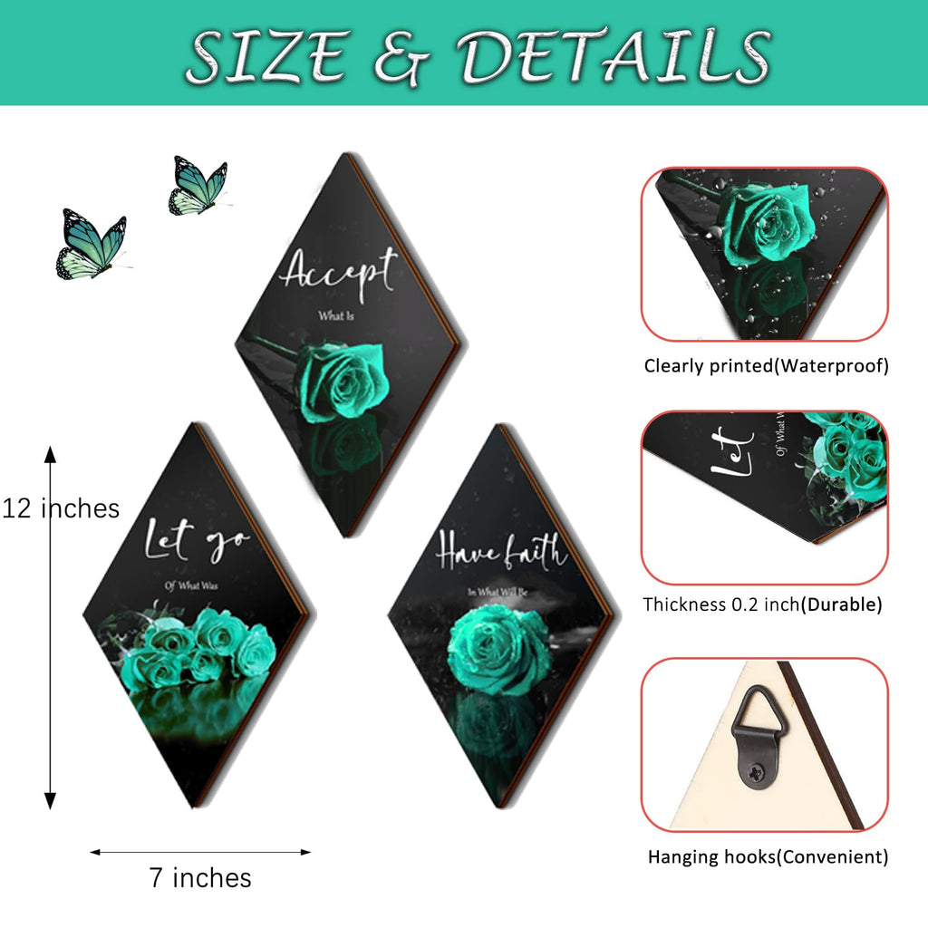 3 Pcs Teal Wall Decor Teal Rose Bathroom Decor Farmhouse Turquoise Bathroom Inspirational Wood Office Wall Art With Accept Let G