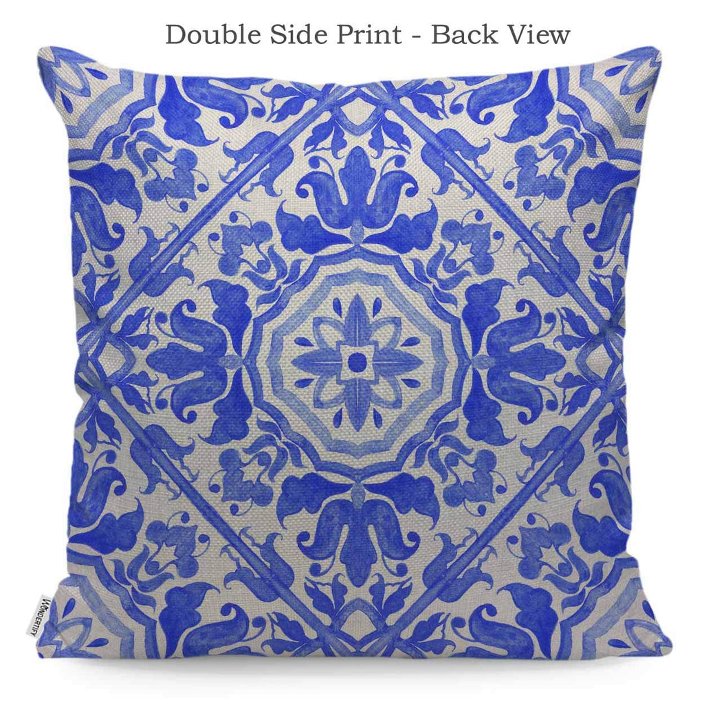 Wondertify Throw Pillow Case Cover Portuguese Azulejo Tiles Talavera Geo Mexican Blue And White Gorgeous Design Soft Linen Pillow Case For Decorative Bedroom/Livingroom/Sofa Cushion Covers 18X18 Inch