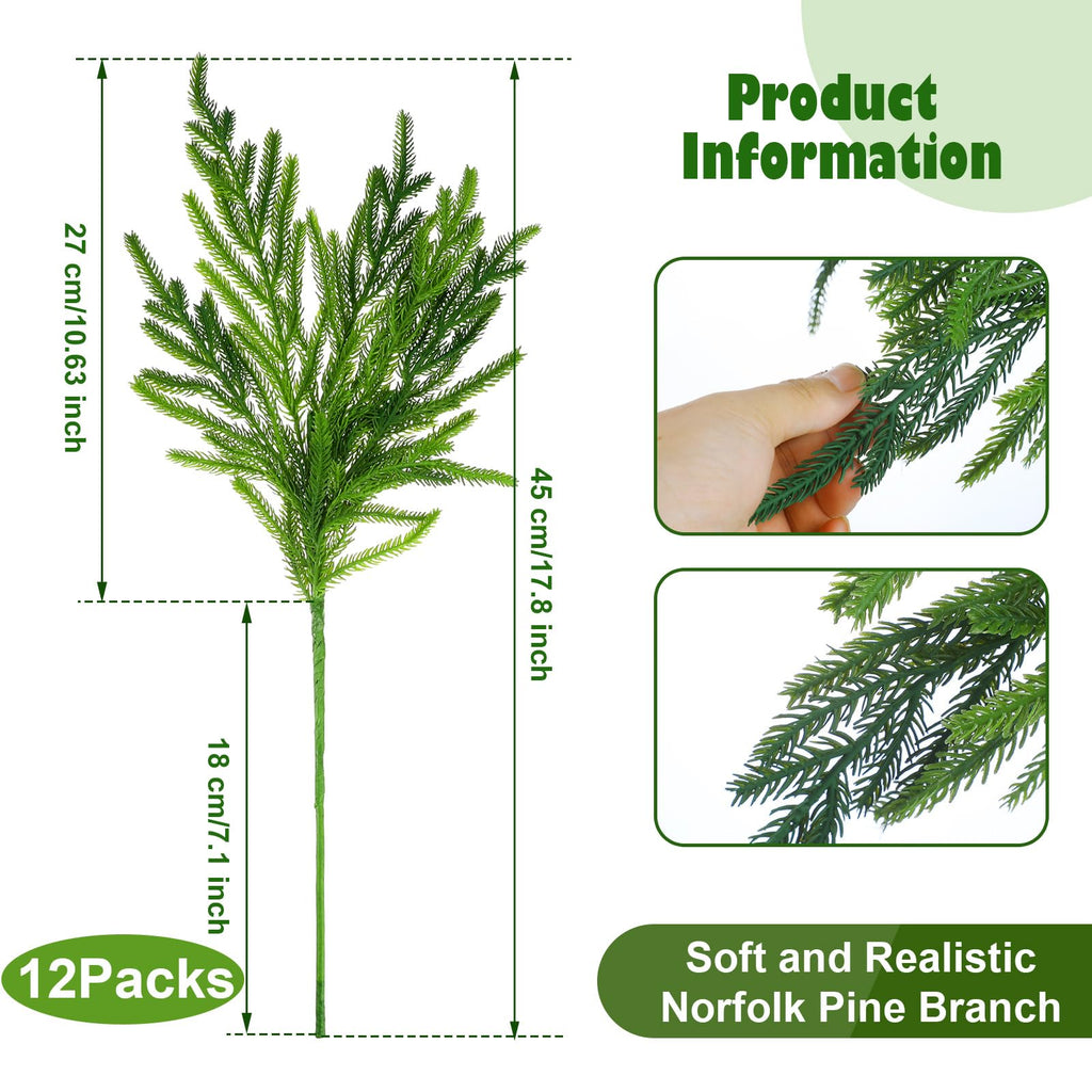 Jutom 12 Pcs Christmas Norfolk Pine Branches, Norfolk Pine Artificial Christmas Branches Diy Crafts Faux Christmas Norfolk Pine