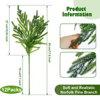 Jutom 12 Pcs Christmas Norfolk Pine Branches, Norfolk Pine Artificial Christmas Branches Diy Crafts Faux Christmas Norfolk Pine