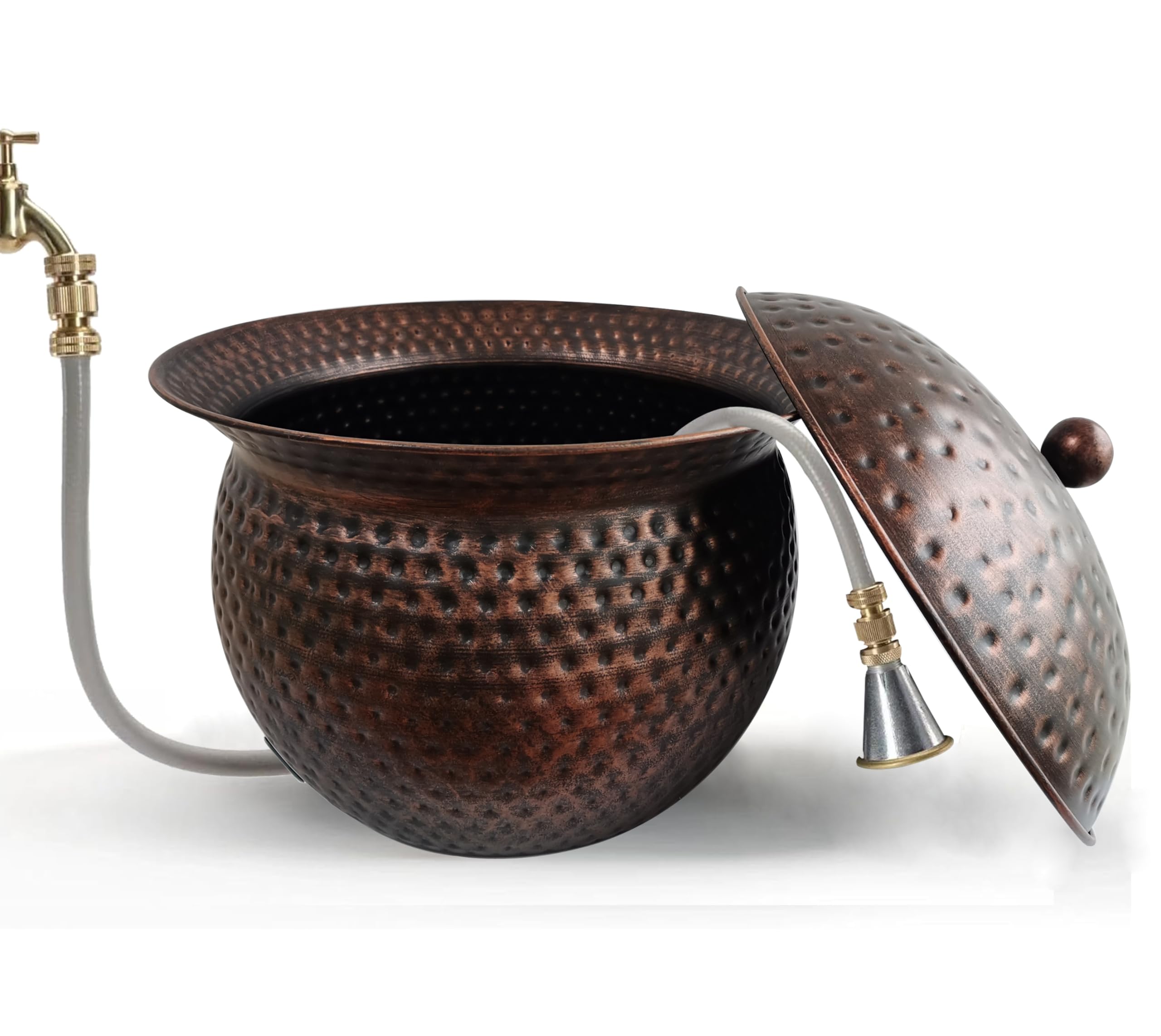 Bstgifts Garden Hose Holder Pot With Lid - Hose Storage Pot With Copper Finish And Hammered Accent - Stell Water Hose Container,